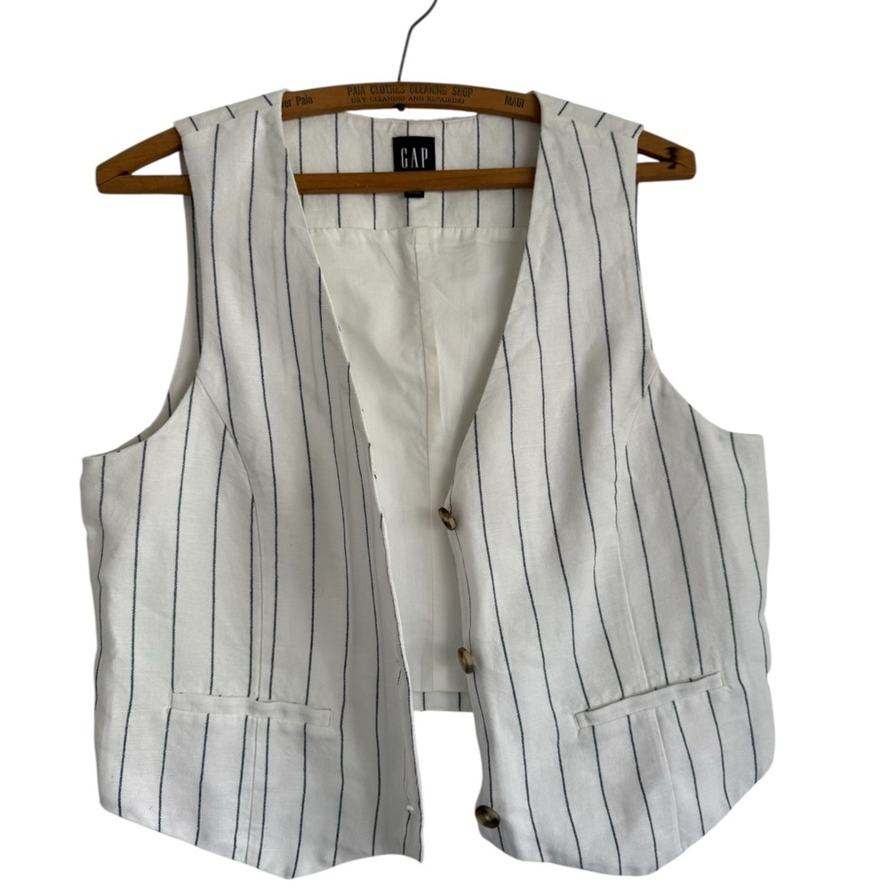 GAP Linen and Cotton Blend Navy and White Striped Vest Women’s Size Medium - Picture 3 of 9